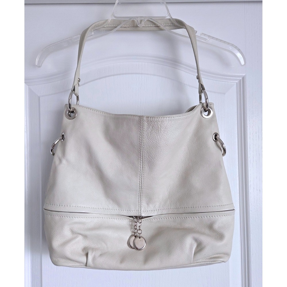 Borse in Pelle Cream Pebbled Leather Hobo Bag Made in Italy Silver Hardware